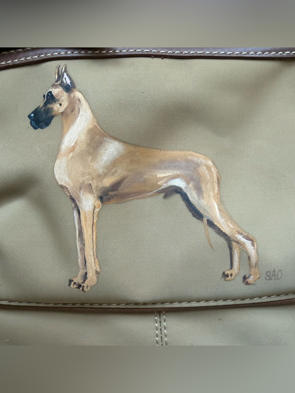 Chaps Brown and Tan Nylon Shoulder Purse Custom Great Dane Painting - Picture 2 of 11
